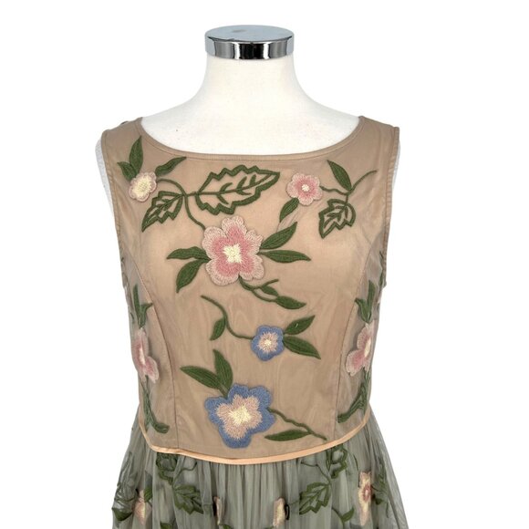 Sundance Peony Floral Embroidered Sleeveless Dress Beige Green Pink Size 8 - Picture 2 of 15